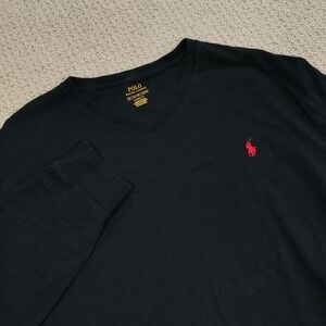 Polo Ralph Lauren Mens XXL Black V-Neck Long Sleeve Classic Fit Cotton T-Shirt